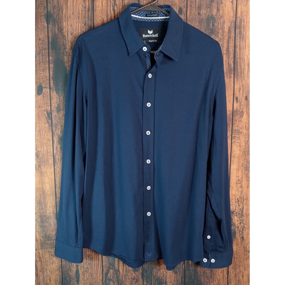 Buttercloth Icy Cotton Mens Large Regular Fit Navy Blue Long Sleeve Button Shirt